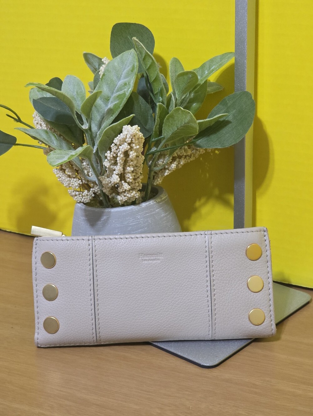 Hammitt Pebbled Light Gray 110 North Wallet with Gold Studs
